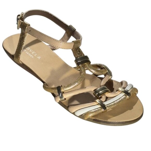 CARVELA Kurt Geiger Gold Cream Strappy Sandals Womens Leather Flats Size 7 - Picture 1 of 14